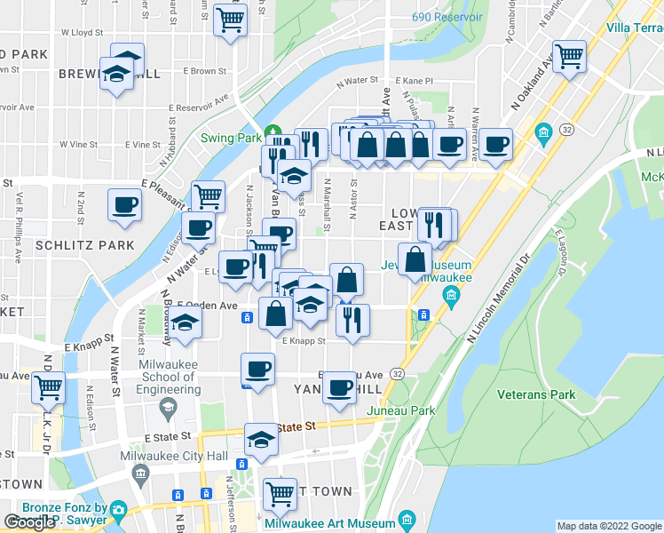 map of restaurants, bars, coffee shops, grocery stores, and more near 1502 North Marshall Street in Milwaukee