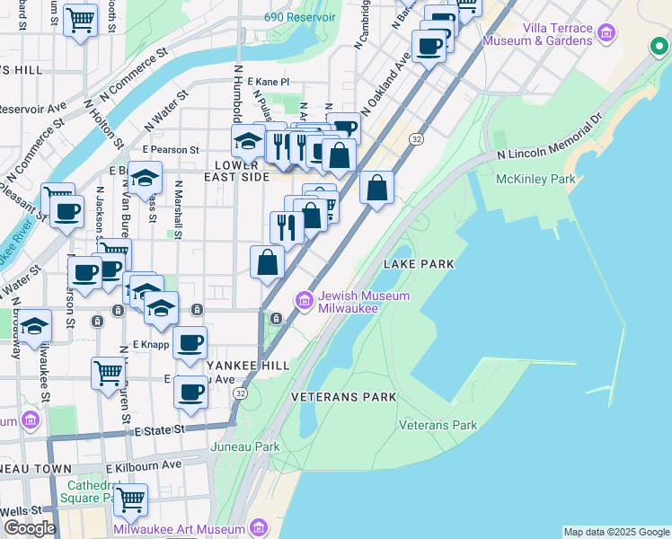 map of restaurants, bars, coffee shops, grocery stores, and more near 1522 North Prospect Avenue in Milwaukee