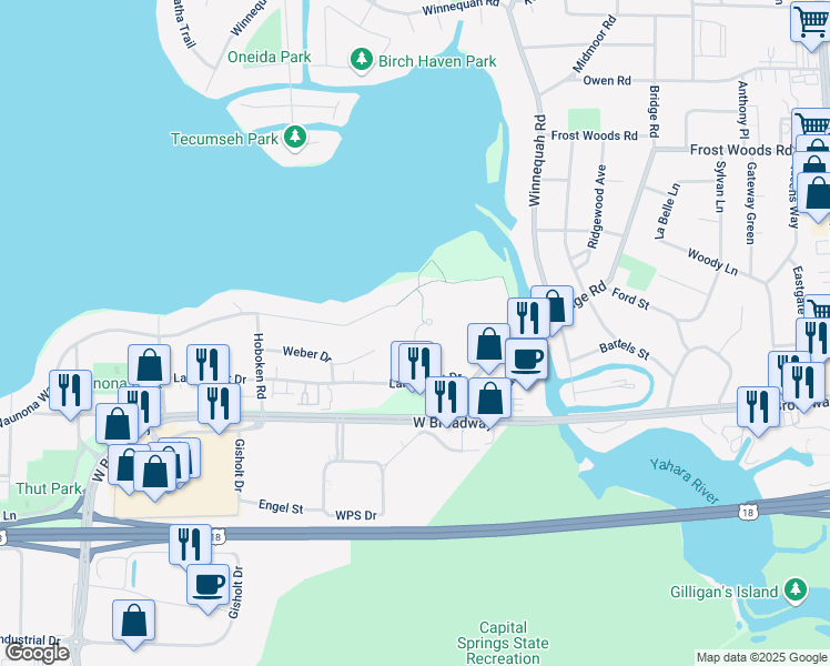 map of restaurants, bars, coffee shops, grocery stores, and more near 26 Waunona Woods Court in Madison