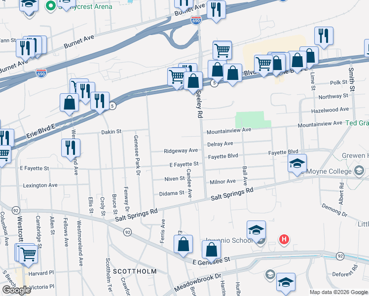 map of restaurants, bars, coffee shops, grocery stores, and more near 161 Ridgeway Avenue in Syracuse
