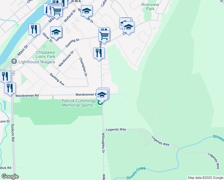map of restaurants, bars, coffee shops, grocery stores, and more near 3421 Weinbrenner Road in Niagara Falls