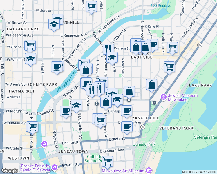 map of restaurants, bars, coffee shops, grocery stores, and more near 708 East Lyon Street in Milwaukee