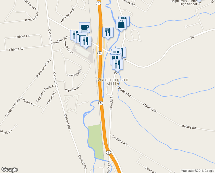 map of restaurants, bars, coffee shops, grocery stores, and more near 3843 Oneida Street in New Hartford