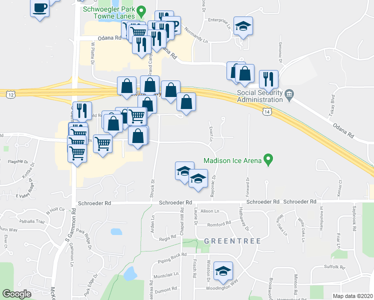 map of restaurants, bars, coffee shops, grocery stores, and more near 6501 Watts Road in Madison