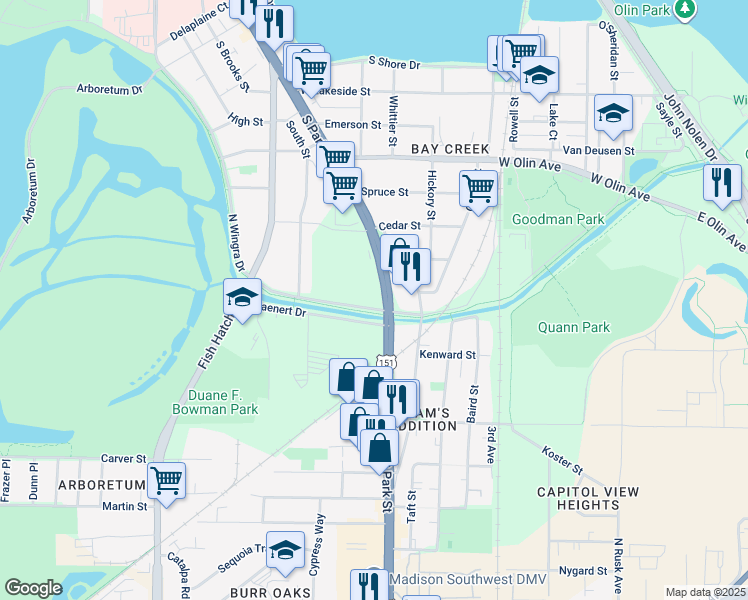 map of restaurants, bars, coffee shops, grocery stores, and more near 1605 South Park Street in Madison