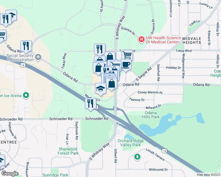 map of restaurants, bars, coffee shops, grocery stores, and more near 698 South Whitney Way in Madison