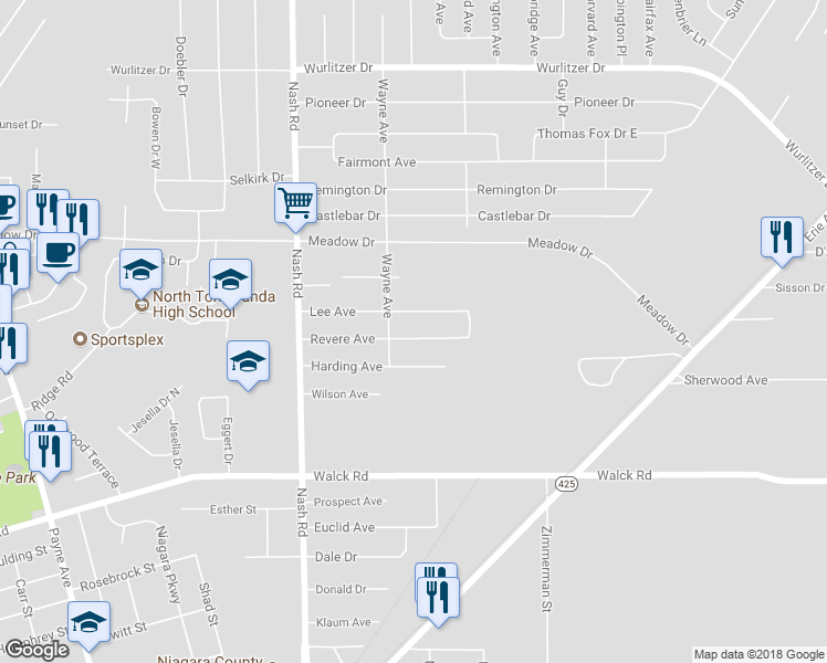 map of restaurants, bars, coffee shops, grocery stores, and more near 834 Revere Avenue in North Tonawanda