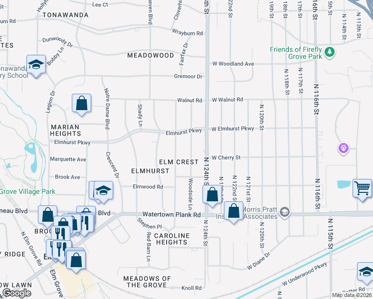 map of restaurants, bars, coffee shops, grocery stores, and more near 1530 Woodside Lane in Elm Grove