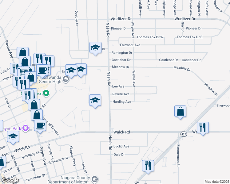 map of restaurants, bars, coffee shops, grocery stores, and more near 753 Lee Avenue in North Tonawanda