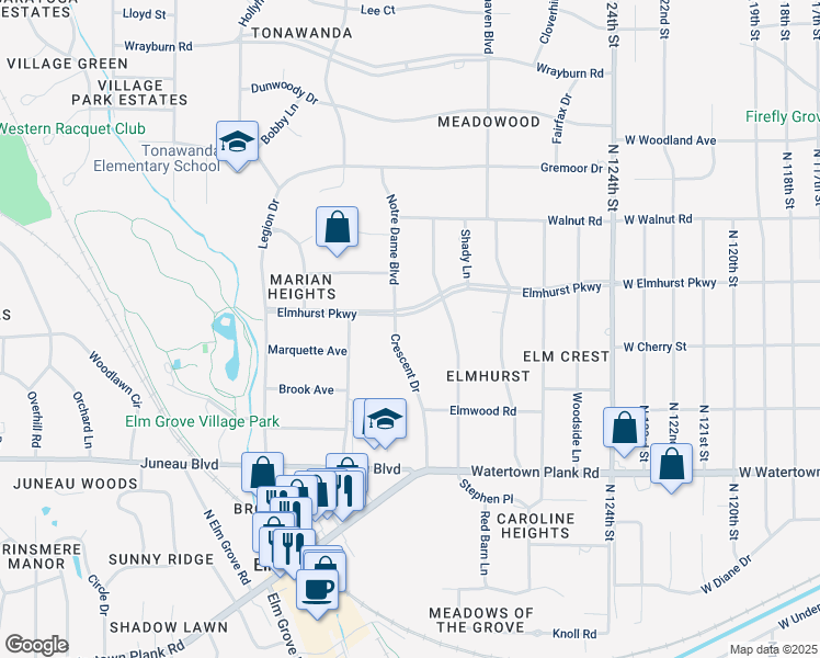 map of restaurants, bars, coffee shops, grocery stores, and more near 13115 Elmhurst Parkway in Elm Grove