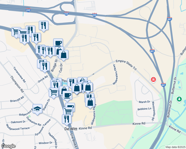 map of restaurants, bars, coffee shops, grocery stores, and more near Towpath Road in DeWitt
