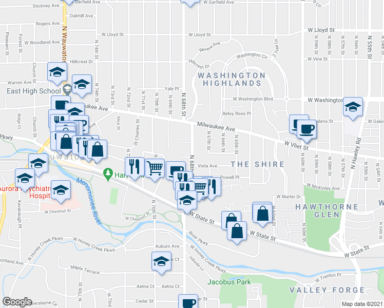 map of restaurants, bars, coffee shops, grocery stores, and more near 1421 North 68th Street in Wauwatosa