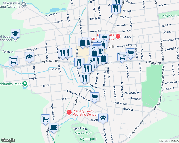 map of restaurants, bars, coffee shops, grocery stores, and more near 18 South Main Street in Gloversville
