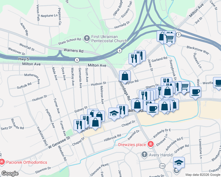 map of restaurants, bars, coffee shops, grocery stores, and more near 217 Marion Avenue in Syracuse