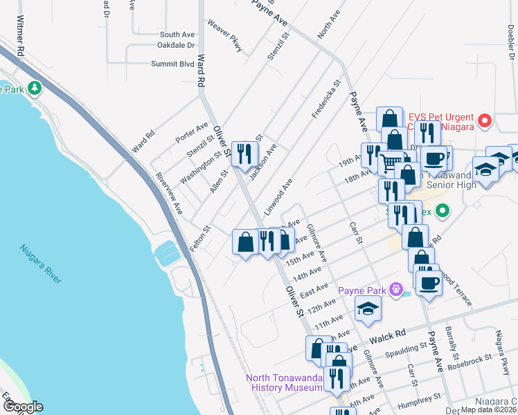 map of restaurants, bars, coffee shops, grocery stores, and more near 42 Linwood Avenue in North Tonawanda