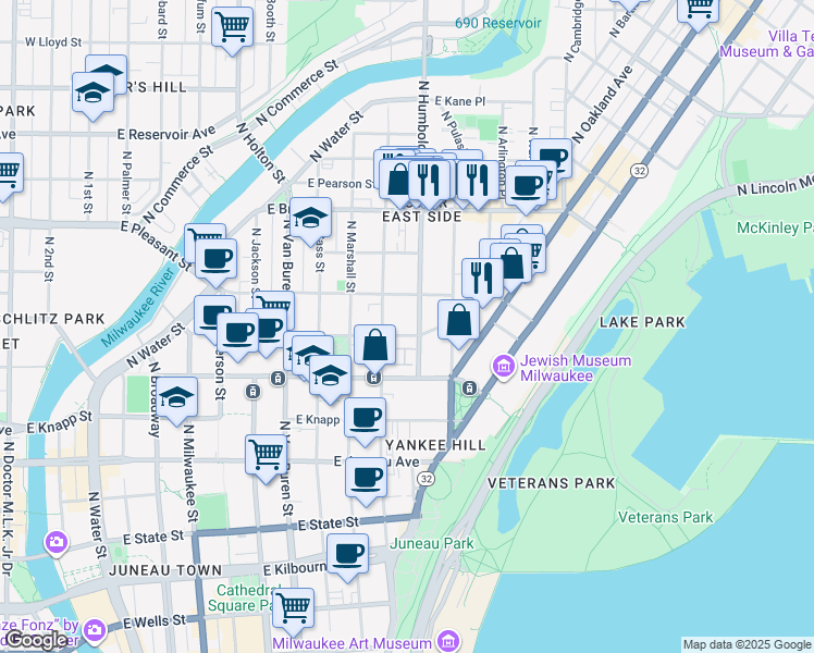 map of restaurants, bars, coffee shops, grocery stores, and more near 1533 North Humboldt Avenue in Milwaukee