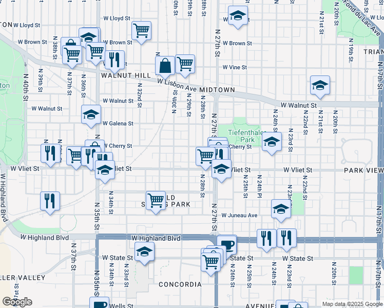 map of restaurants, bars, coffee shops, grocery stores, and more near 1456-1458 North 29th Street in Milwaukee