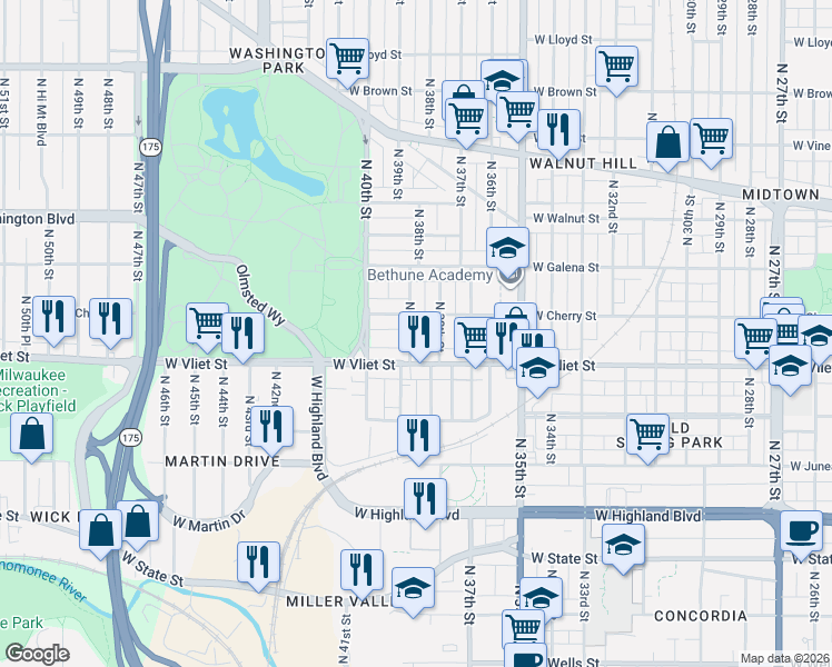 map of restaurants, bars, coffee shops, grocery stores, and more near 1458 North 39th Street in Milwaukee