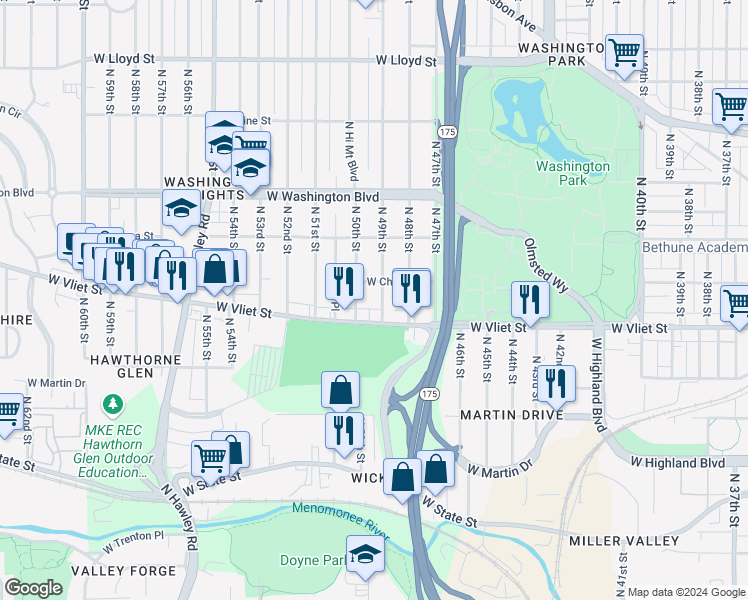 map of restaurants, bars, coffee shops, grocery stores, and more near 1451 North 49th Street in Milwaukee