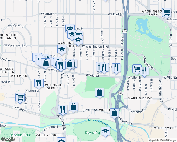 map of restaurants, bars, coffee shops, grocery stores, and more near 1445 North 51st Street in Milwaukee