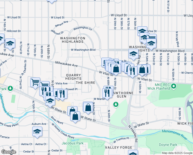 map of restaurants, bars, coffee shops, grocery stores, and more near 1423 Martha Washington Drive in Wauwatosa