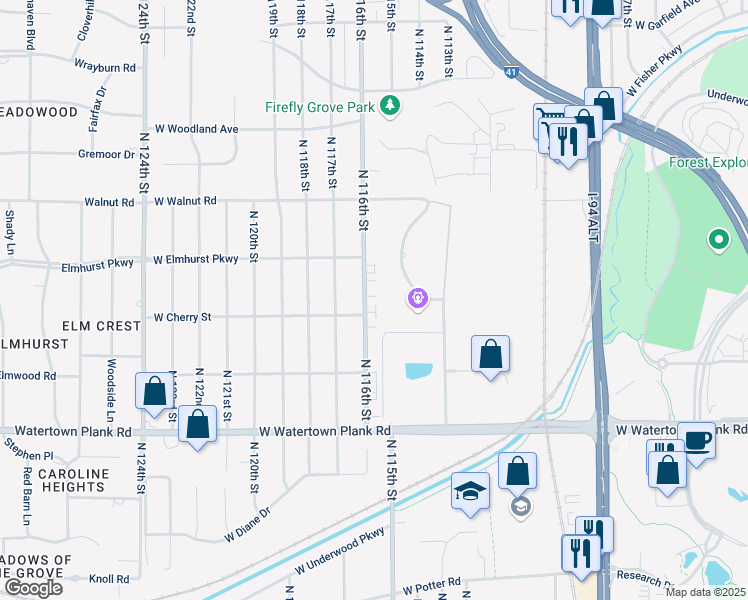 map of restaurants, bars, coffee shops, grocery stores, and more near 1533 North 116th Street in Wauwatosa