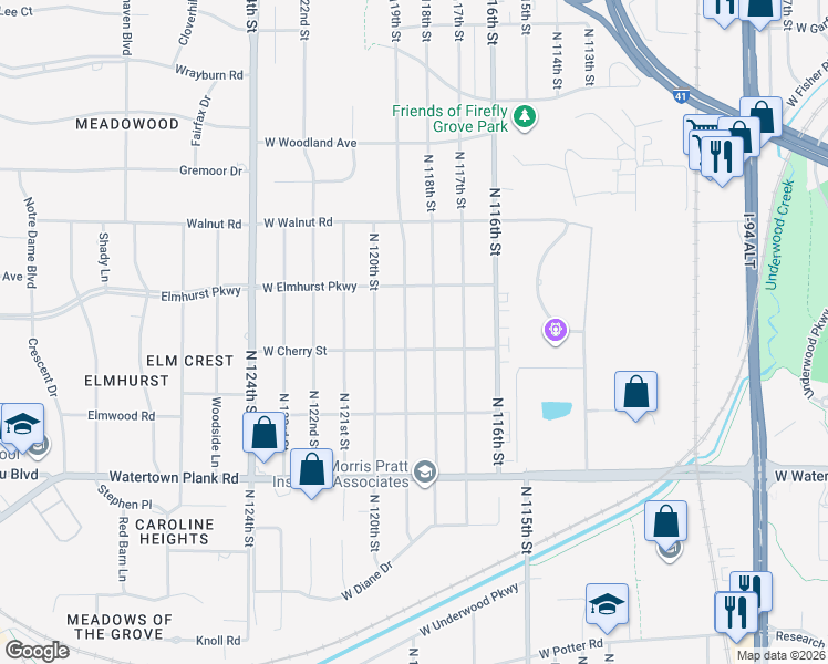 map of restaurants, bars, coffee shops, grocery stores, and more near 1540 North 119th Street in Wauwatosa