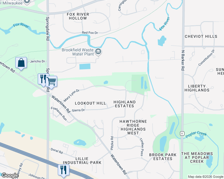 map of restaurants, bars, coffee shops, grocery stores, and more near 21180 Mary Lynn Drive in Brookfield