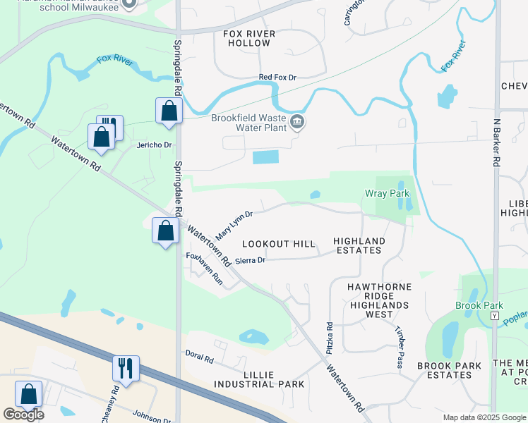 map of restaurants, bars, coffee shops, grocery stores, and more near 21600 Mary Lynn Drive in Brookfield