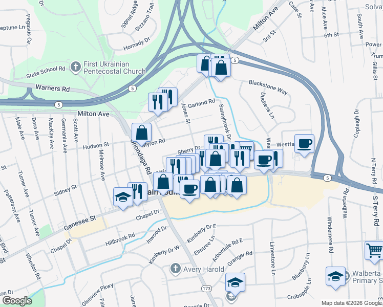 map of restaurants, bars, coffee shops, grocery stores, and more near 30 Sherry Drive in Syracuse