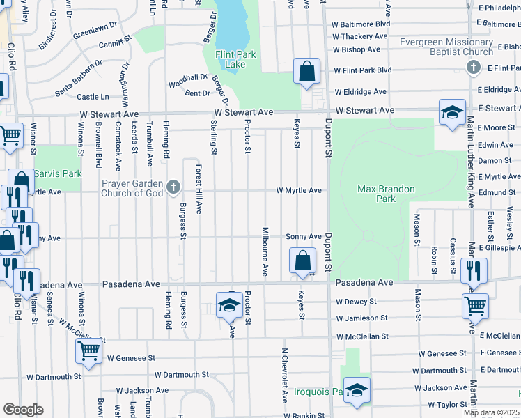 map of restaurants, bars, coffee shops, grocery stores, and more near 3817 Milbourne Avenue in Flint