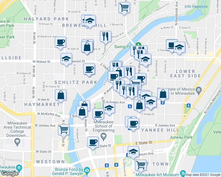 map of restaurants, bars, coffee shops, grocery stores, and more near N Milwaukee St & N Water St in Milwaukee