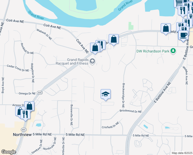 map of restaurants, bars, coffee shops, grocery stores, and more near 4840 Winston Hill Drive in Grand Rapids
