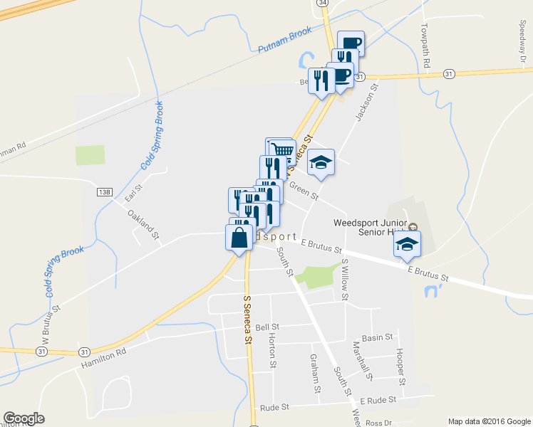 map of restaurants, bars, coffee shops, grocery stores, and more near 8932 N Seneca St in Weedsport