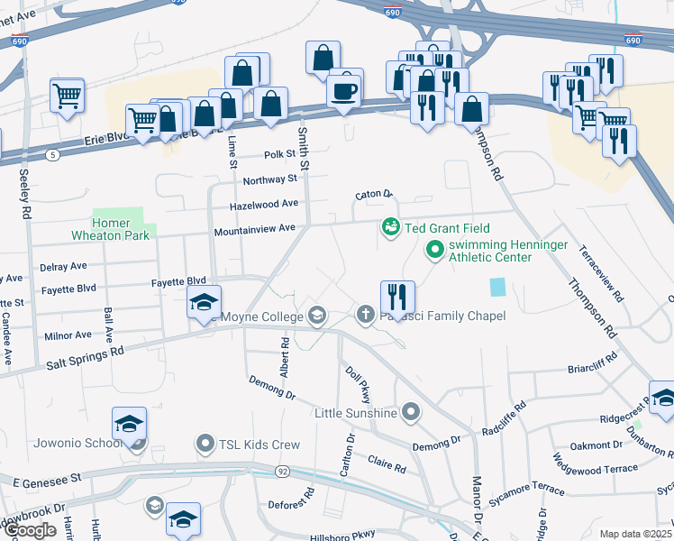 map of restaurants, bars, coffee shops, grocery stores, and more near 1419 Salt Springs Road in Syracuse