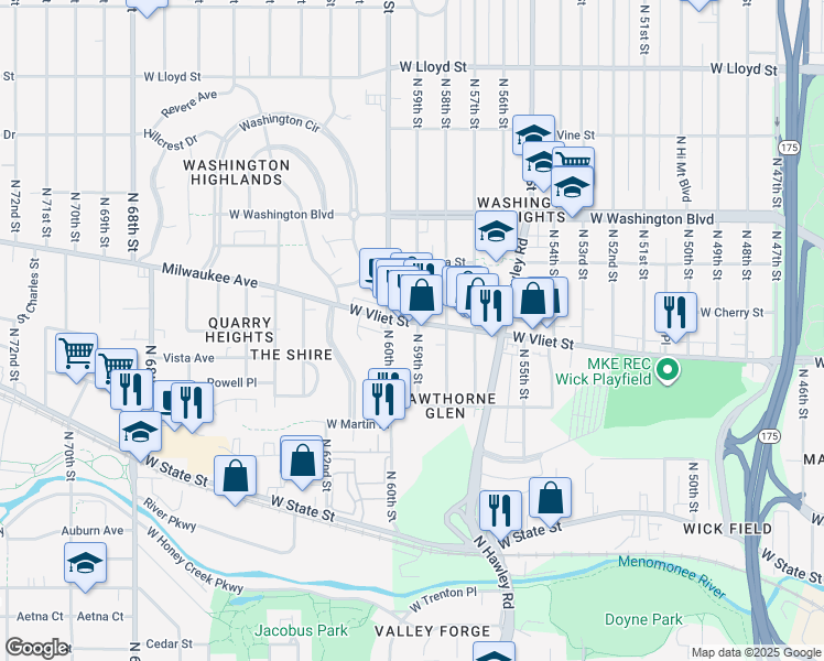 map of restaurants, bars, coffee shops, grocery stores, and more near in Milwaukee
