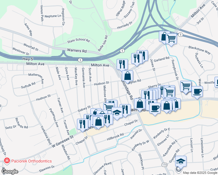 map of restaurants, bars, coffee shops, grocery stores, and more near 224 Melrose Avenue in Syracuse