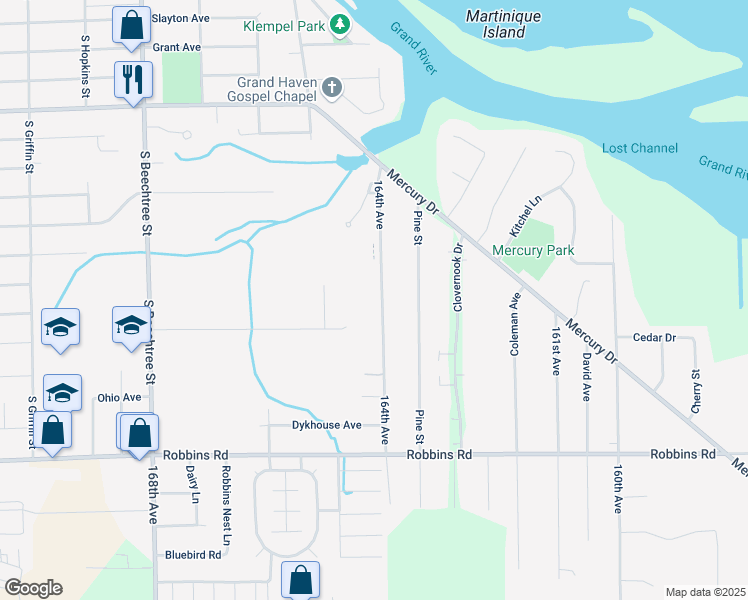 map of restaurants, bars, coffee shops, grocery stores, and more near 1209 Moreland Street in Grand Haven