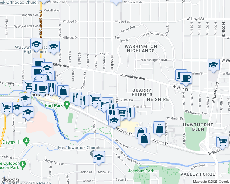 map of restaurants, bars, coffee shops, grocery stores, and more near 6821 Kinsman Street in Wauwatosa