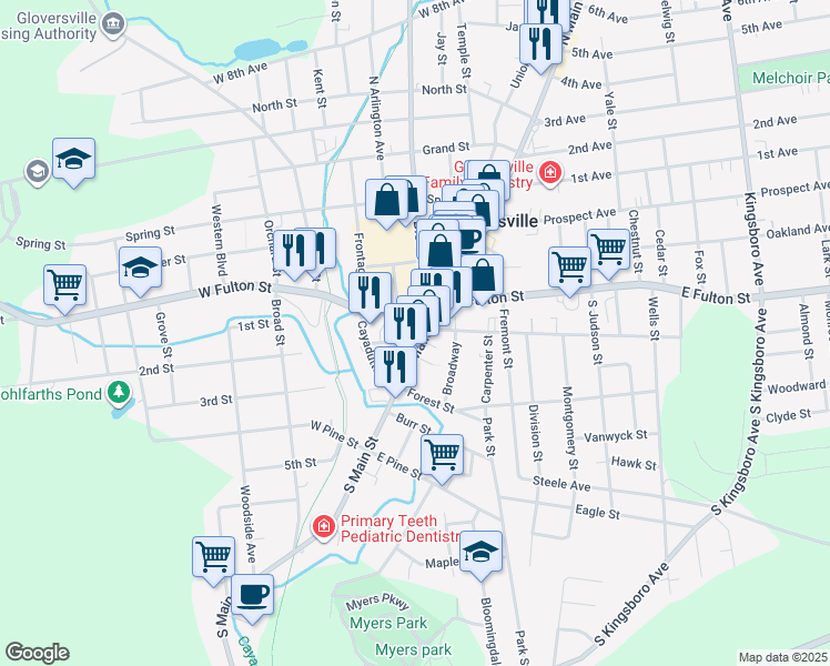 map of restaurants, bars, coffee shops, grocery stores, and more near 18 South Main Street in Gloversville