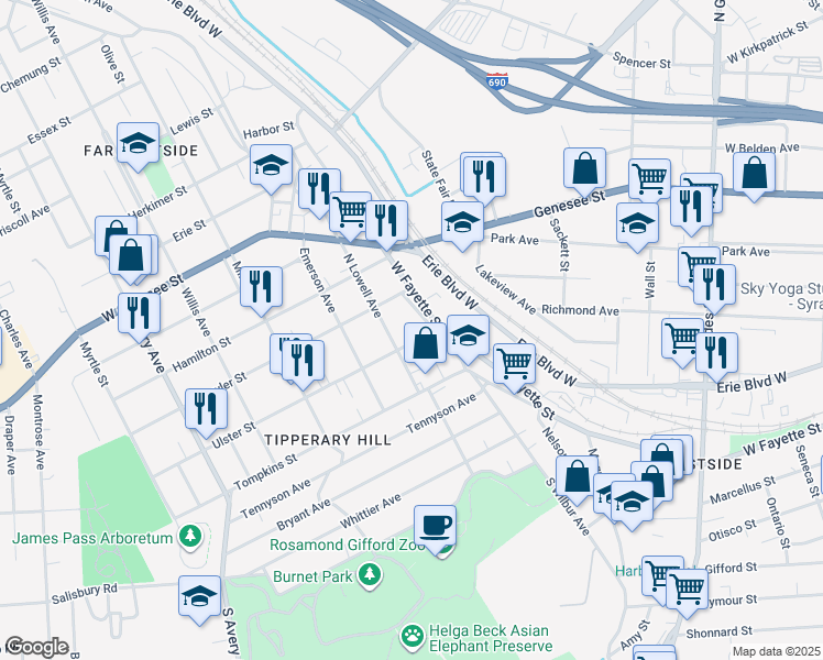 map of restaurants, bars, coffee shops, grocery stores, and more near 209 North Wilbur Avenue in Syracuse