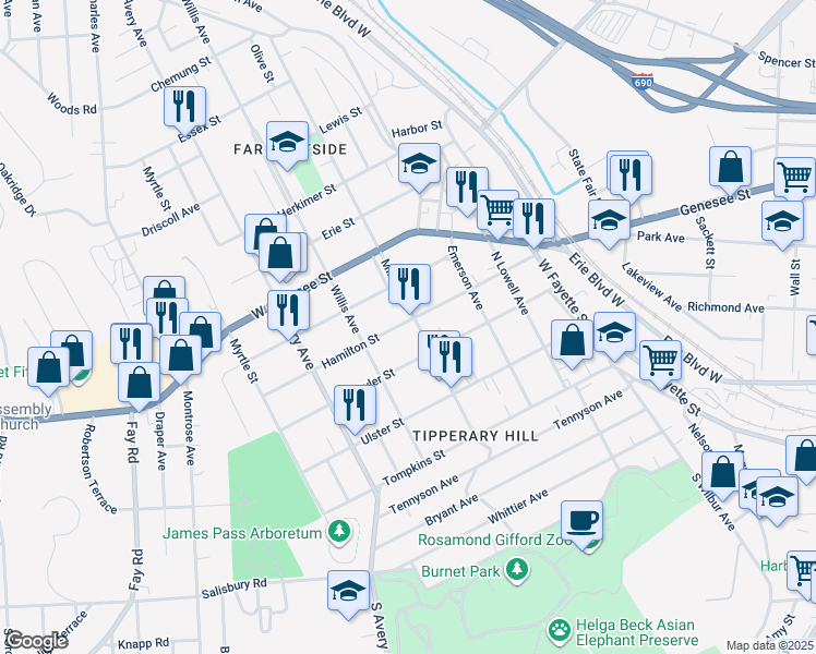 map of restaurants, bars, coffee shops, grocery stores, and more near in Syracuse