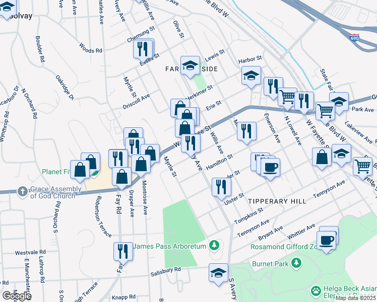 map of restaurants, bars, coffee shops, grocery stores, and more near 320 Cayuga Street in Syracuse