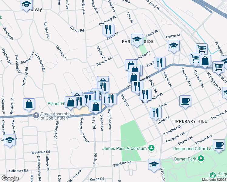 map of restaurants, bars, coffee shops, grocery stores, and more near 2002 1/2 West Genesee Street in Syracuse