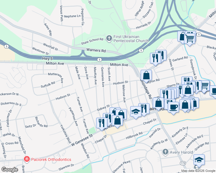 map of restaurants, bars, coffee shops, grocery stores, and more near 300 Germania Avenue in Syracuse