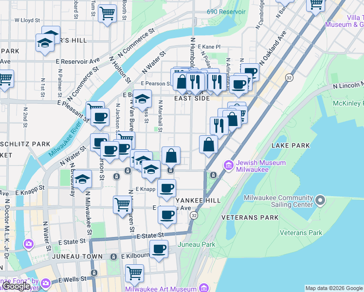 map of restaurants, bars, coffee shops, grocery stores, and more near 1533 North Humboldt Avenue in Milwaukee