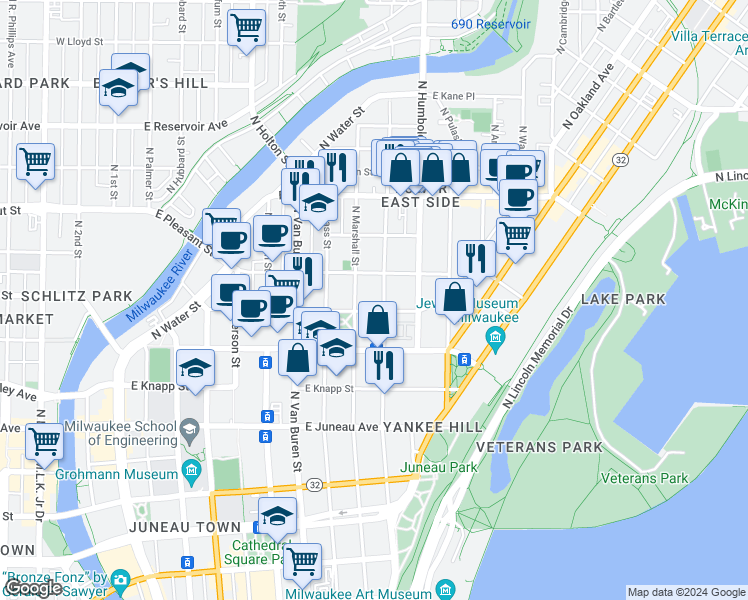 map of restaurants, bars, coffee shops, grocery stores, and more near 1527 North Astor Street in Milwaukee