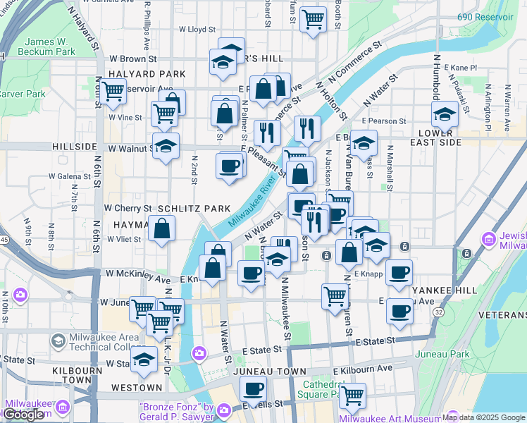 map of restaurants, bars, coffee shops, grocery stores, and more near 1512 North Edison Street in Milwaukee