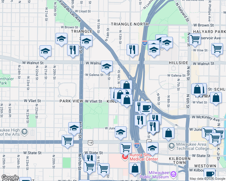 map of restaurants, bars, coffee shops, grocery stores, and more near 1337 West Cherry Street in Milwaukee