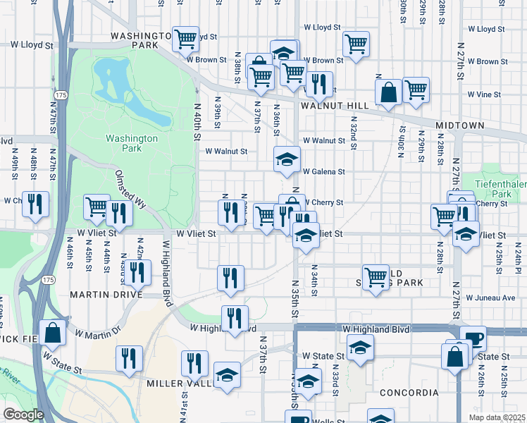 map of restaurants, bars, coffee shops, grocery stores, and more near 1459 North 37th Street in Milwaukee